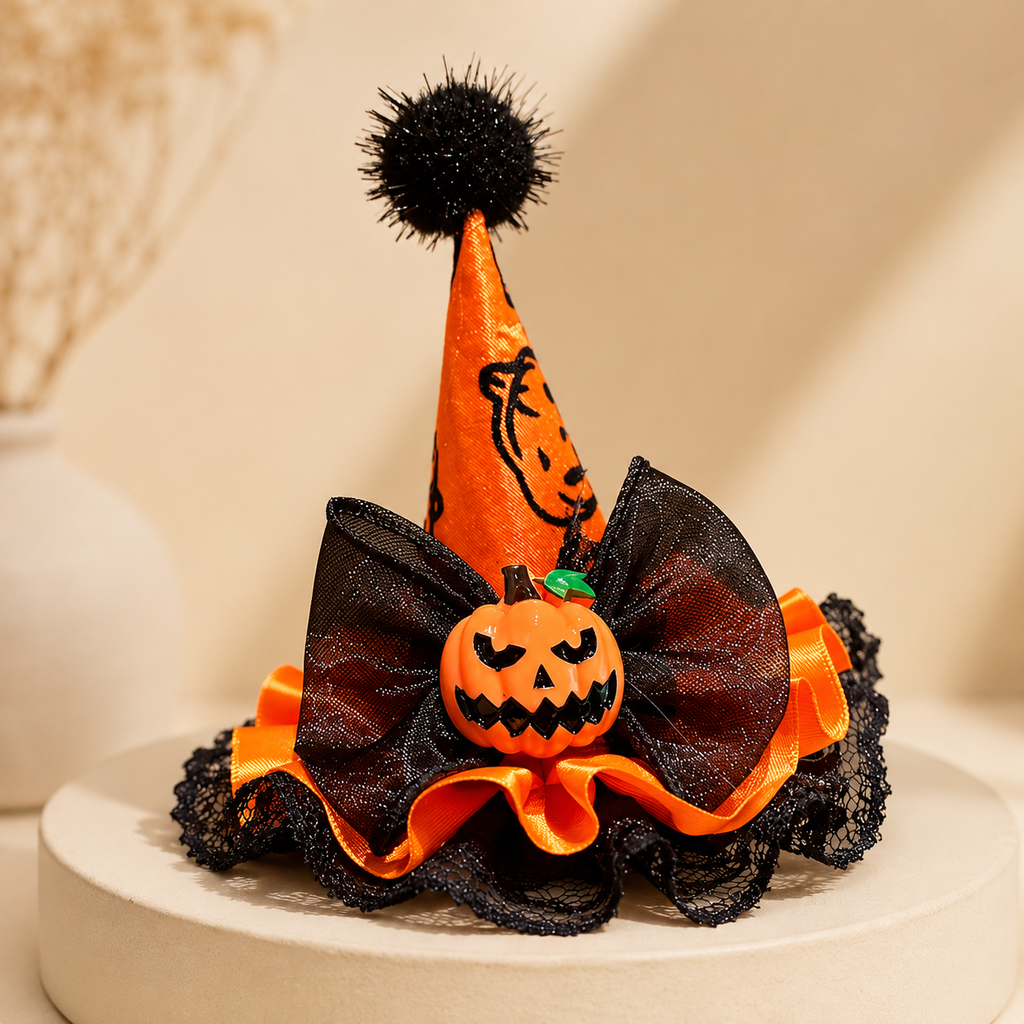 Orange Witch Hat Hair Clip with Pumpkin Decor