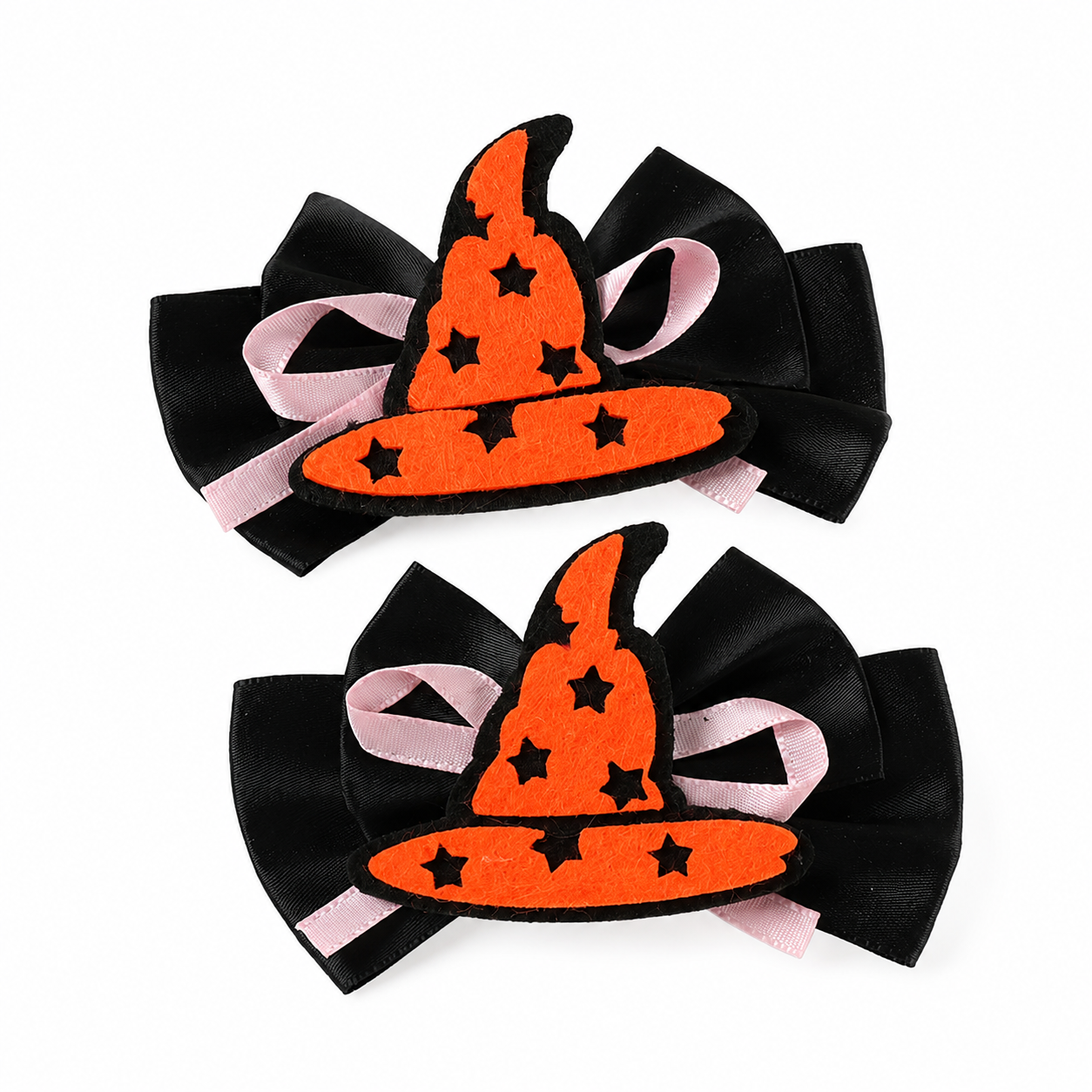 Orange Witch Hat Bow Hair Clips, 2-Pack, Black Ribbon