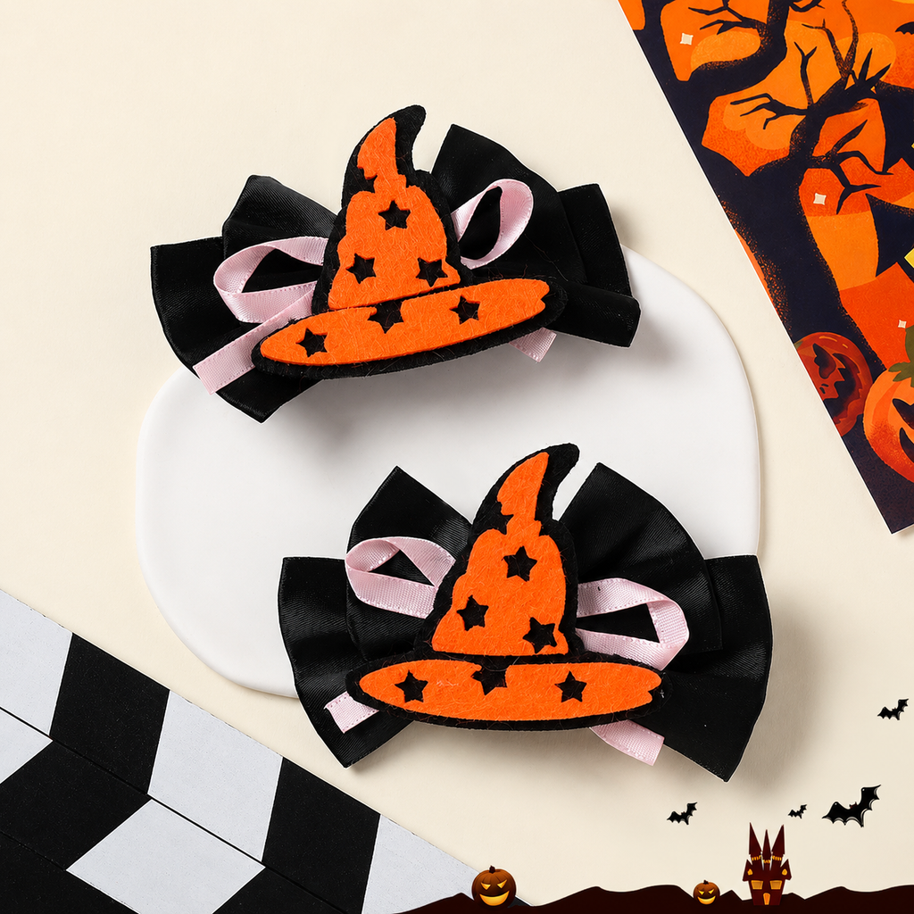 Orange Witch Hat Bow Hair Clips, 2-Pack, Black Ribbon