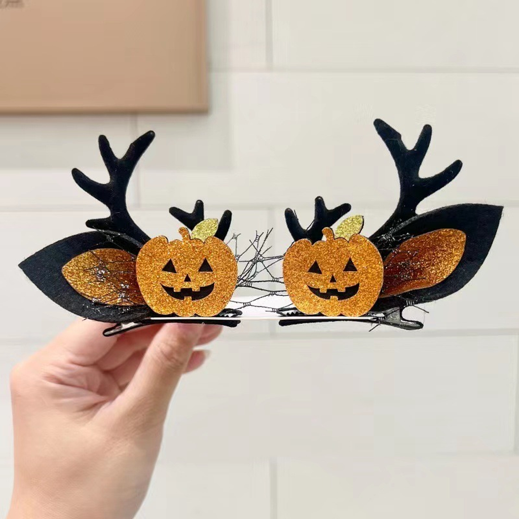 Halloween Pumpkin Hair Clips with Black Antlers, 2-Pack