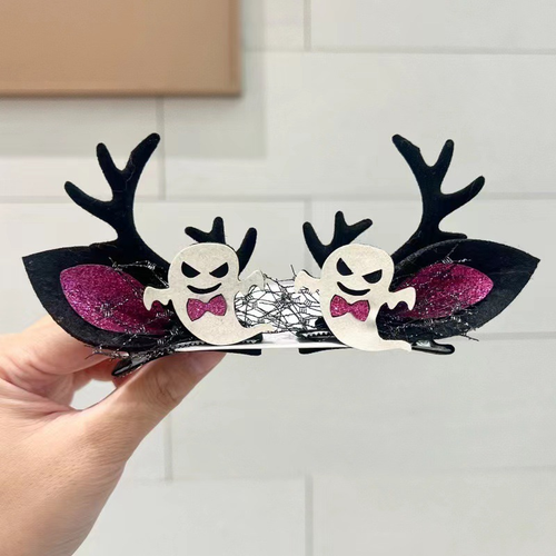 Halloween Ghost Hair Clips with Black Antlers, 2-Pack